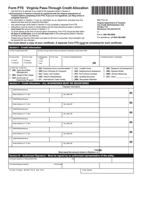 Antikoagulantien werden in der medizin dazu verwendet, die intravasale bildung von thromben zu verhindern (thromboseprophylaxe). Fillable Form Pte - Virginia Pass-Through Credit Allocation printable pdf download