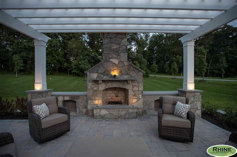 Covered Porch Outdoor Fireplace Pergola Accent Lighting Landscaping
