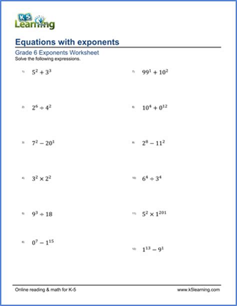Help your fifth grader tackle exponents with this introductory worksheet. Grade 6 Exponents Worksheets - free & printable | K5 Learning
