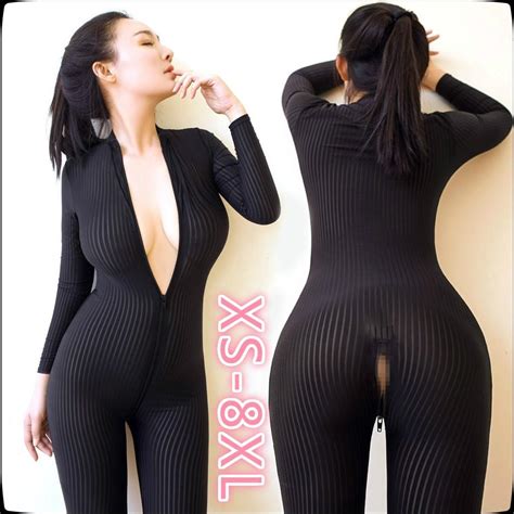 Acheter Dame Black Striped Sheer Bodysuit Smooth Fiber Zipper Long Sleeve Jumpsuit Bodycon Plus