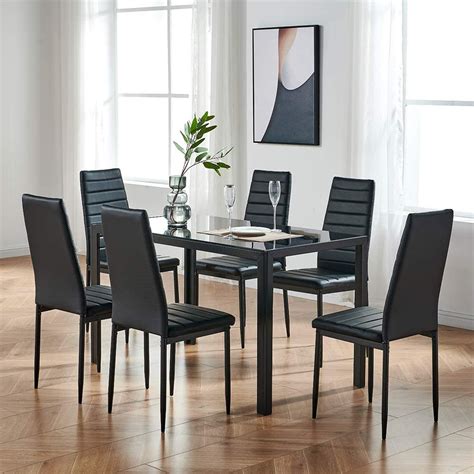 Mecor 7 Piece Glass Kitchen Dining Table Set Glass Top Table With 6 Faux Leather