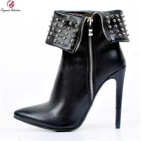 Original Intention Women Ankle Boots Sexy Rivets Pointed Toe Thin Heel