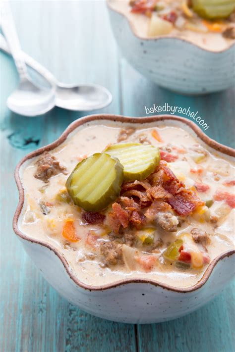 Delicious crock pot recipes for pot roast, pork, chicken, soups and desserts! Baked by Rachel » Slow Cooker Bacon Cheeseburger Soup