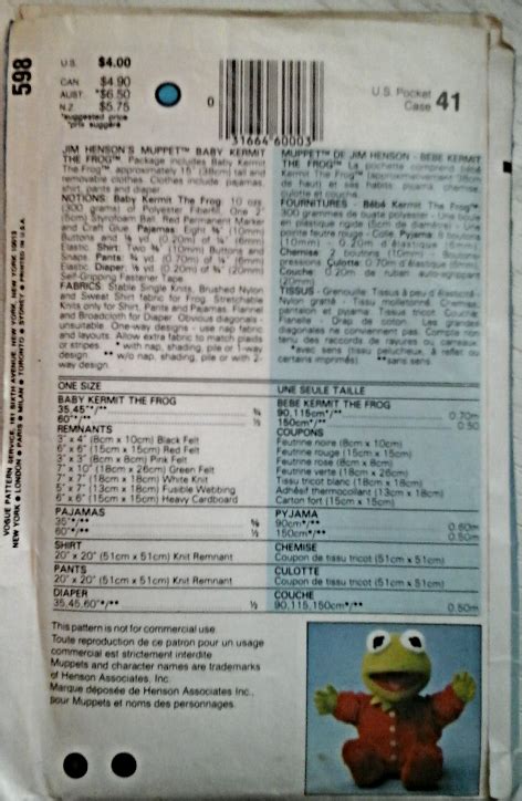 Vogue 598 Or 8966 Jim Hensons Muppet Babies Baby Kermit And Clothes