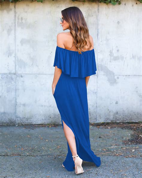 Royal Blue Off The Shoulder Ruffle Casual Summer Maxi Dress With Side