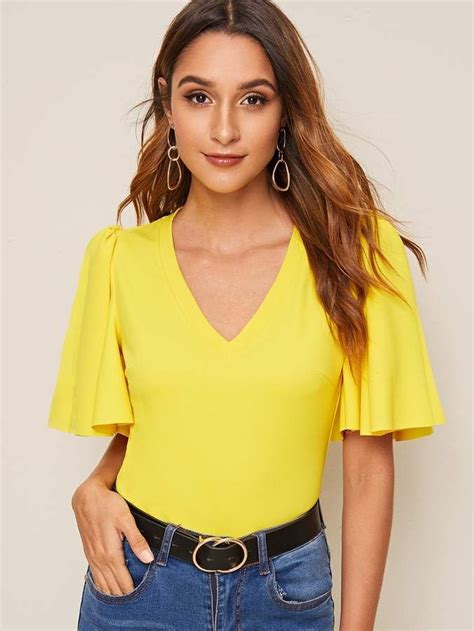 shein neon yellow flutter sleeve top flutter sleeve top blouses for women tops