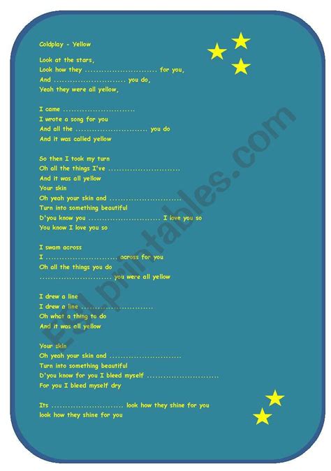 English Worksheets Listening Activity Song Coldplay Yellow