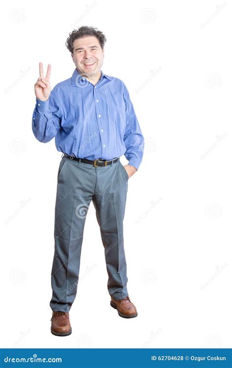 Businessman Showing Peace Hand Sign At The Camera Stock Photo Image