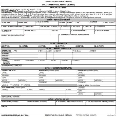 Dd Form 1833 Isolated Personnel Report Isoprep Dd Forms