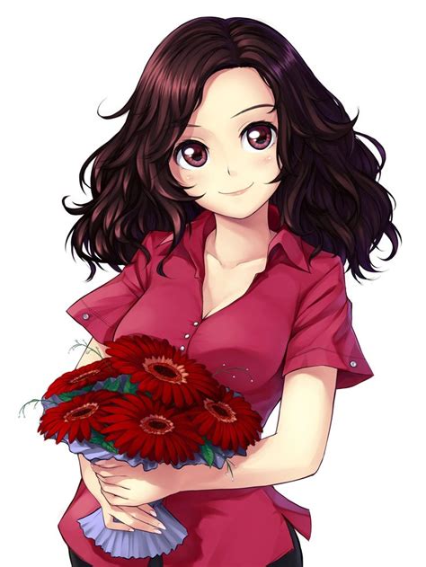 Beautiful Picture Of A Cute Manga Girl Holding A Bunch Of Flowers