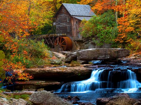 Old Wooden Mill Water Flow Rock Waterfall Hd Wallpaper For