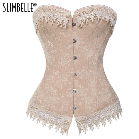 Women Steampunk Gothic Nude Floral Waist Trainer Overbust Corset Lace
