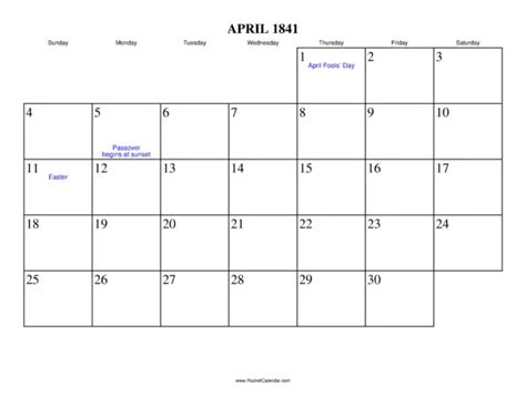 April 1841 Calendar