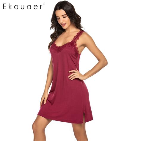 ekouaer sexy nightgown women summer nightwear v neck sleeveless lace patchwork sleepwear night
