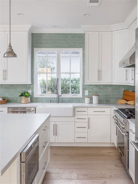 Sage Green Subway Tile Backsplash With White Grout Kitchen Room Design