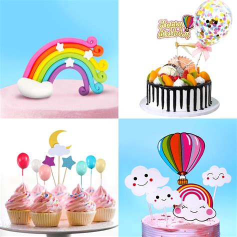 Movinpe Happy Birthday Cake Topper Rainbow Cloud Cake Decoration Confetti Balloons For Boys