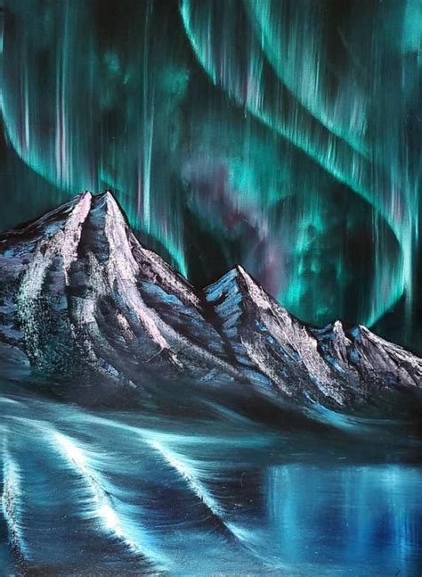 Northern Lights Winter Mountain Landscape Original Oil Painting On