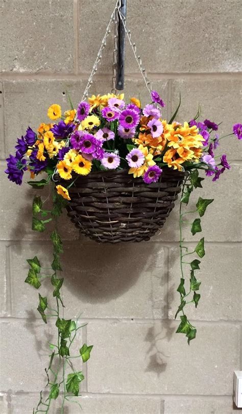 Artificial Flowers Hanging Basket Outdoor Purple And Orange Basket