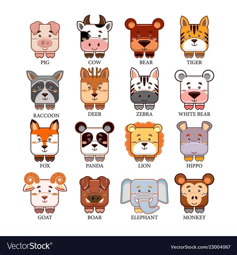 Cartoon Cute Animals Head Collection Set Vector Image