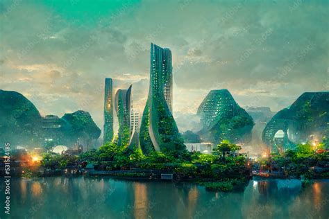 Environmental Friendly Sci Fi City Skyline On Coast Of Tropical Sea