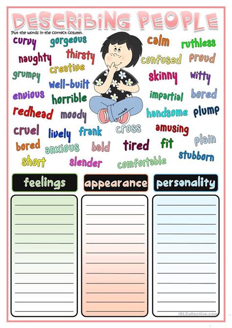 Words to describe feelings and emotions. Describing people - matching worksheet - Free ESL ...