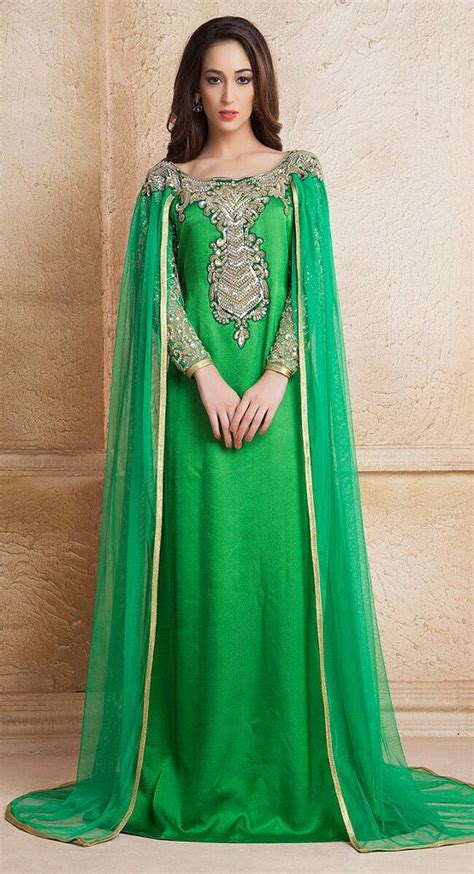 Premium Kaftan Fabric Satin Net Silk Color Green Work Resham Sequins Lace Stones Type