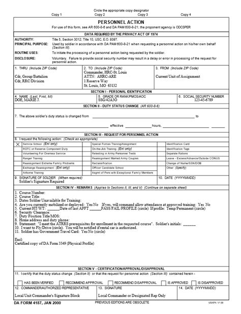 Da Form 4187 Personnel Action Examples