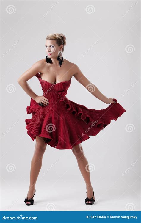 Schöne Frau In Der Stellung Des Eleganten Kleides Stockfoto Bild Von