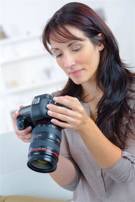 Female Photographer Holding Professional Camera Stock Image Image Of