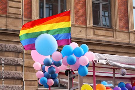 the annual pride parade rainbow flags and balloons symbolising lgbt