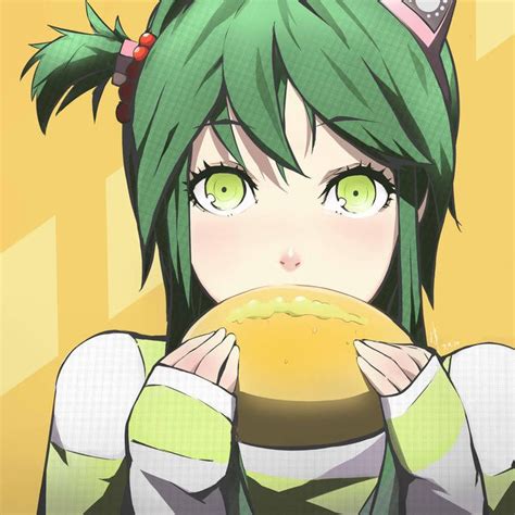An Anime Character With Green Hair Holding A Doughnut In Front Of Her