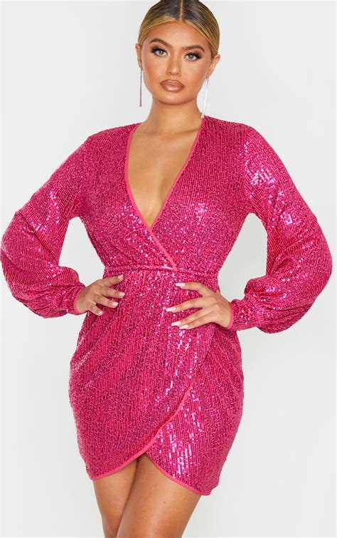 Pink Sequin Long Sleeve Plunge Wrap Dress Prettylittlething Aus