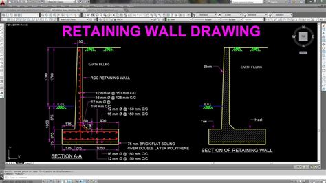 Retaining Wall Structural Drawing In Autocad Youtube