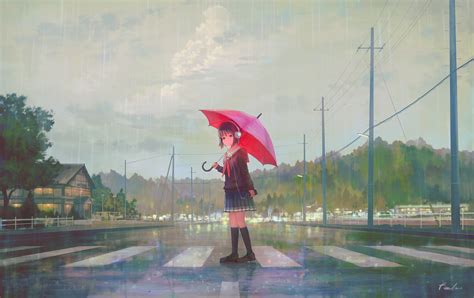 Wallpaper Id 157234 Anime Anime Girls Umbrella Original Characters Rain School Uniform