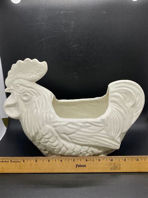 White Ceramic Rooster Chicken Planter Pot