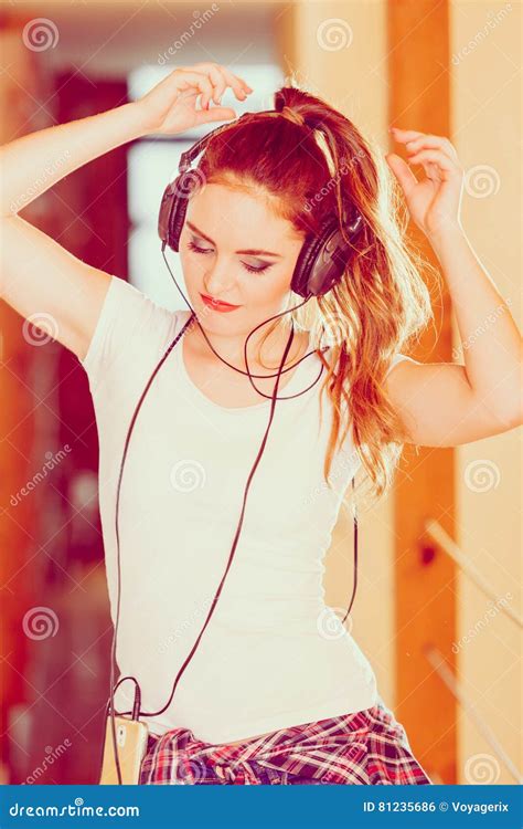 Woman With Headphones Listen Music And Dance Stock Photo Image Of