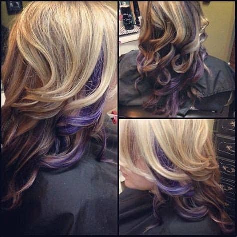 I would bleach the blonde cuz it will thrash ur hair just do clip ins and then if. Curly blonde hair with purple peek-a-boo highlights ...