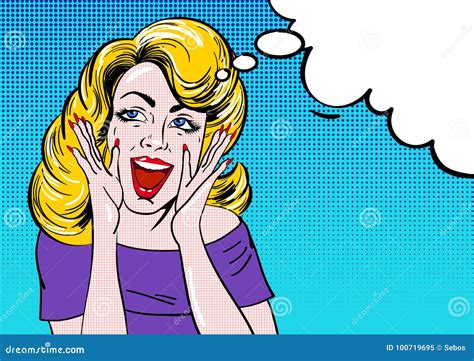 Pop Art Surprised Blond Girl Face With Open Mouth Wow Comic Woman With Speech Bubble Vintage