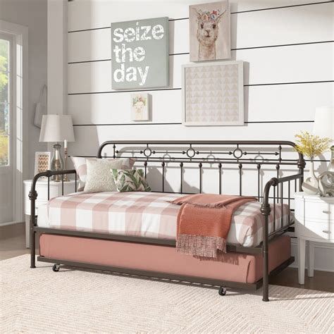 Giantex twin daybed and trundle frame set, trundle day bed with 2 headboard, premium metal slat support, easy assembly, sofa bed with roll out trundle for living room, guest room, children room. Laurel Foundry Modern Farmhouse Larry Metal Daybed with ...