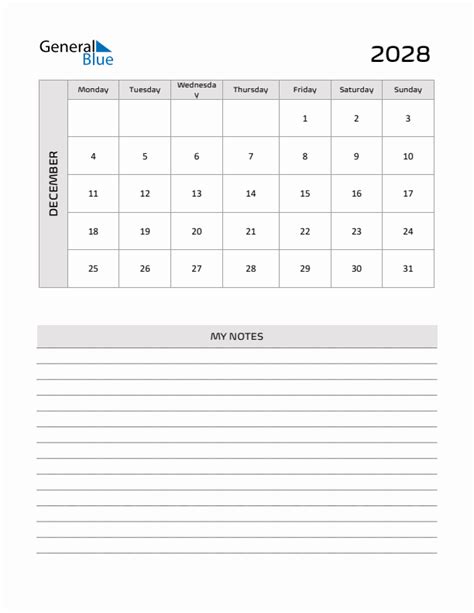 December 2028 Printable Monthly Calendar With Notes