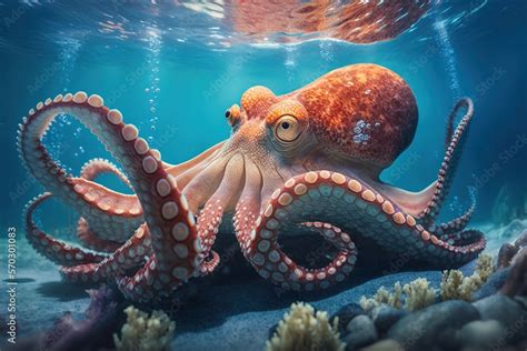 Octopus In Water Swimming Animal Picture In Blue Seashore Life Coral