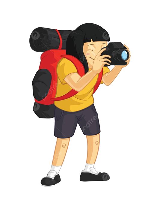 Cartoon Vector Drawing Of A Girl Backpacker Capturing Vacation Memories