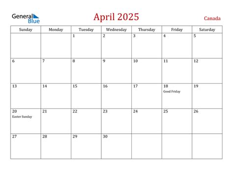 Canada April 2025 Calendar With Holidays