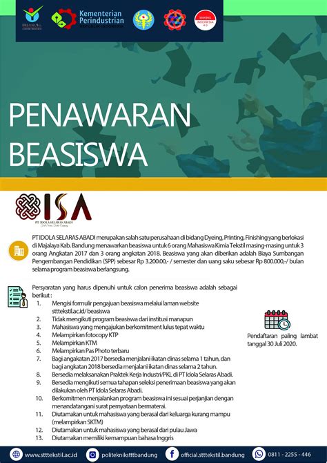 Jl.merak no.2 bandung 40133 ph.(022)2505959 (hunting) fax. Informasi Beasiswa PT IDOLA SELARAS ABADI - Politeknik STTT Bandung