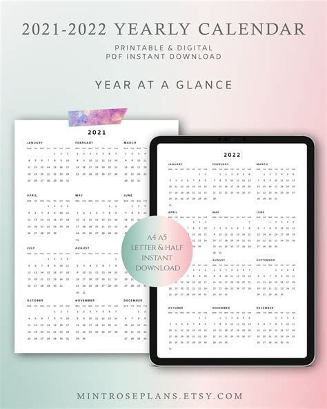 2021 2022 Year At A Glance Printable Digital Yearly Overview Calendar