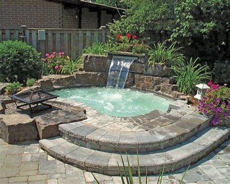 Inground Hot Tub With Waterfall And Fire Pit Hot Tub Backyard Small