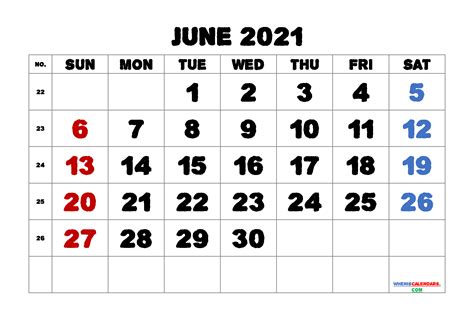 Printable Calendar For June 2021 6 Templates