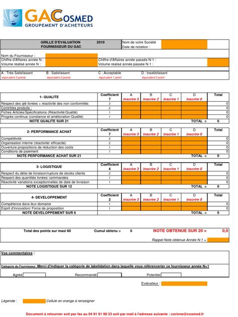 Fiche Evaluation Fournisseur