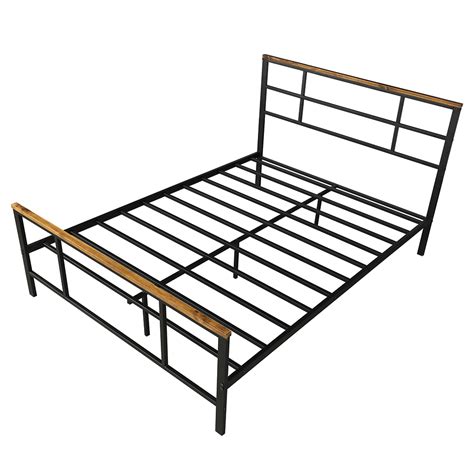 New Full Size Metal Bed Frame With Pine Wood Headboard And Footboard