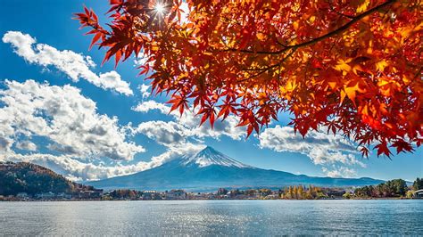 Golden Autumn At Mount Fuji Japan Leaves Fall Clouds Landscape